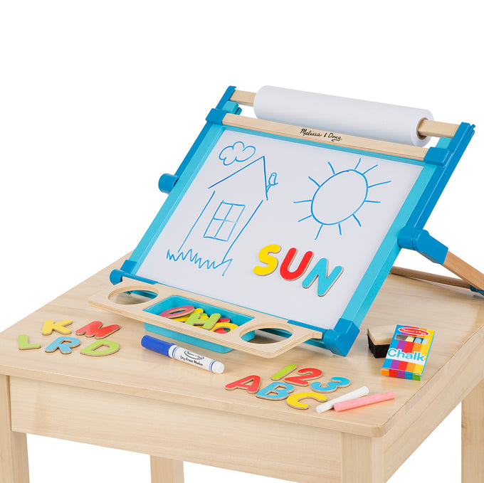 Handcrafted children's tabletop easel with magnetic dry-erase board featuring a child’s sun and house drawing, colorful letter magnets, chalk, marker, and paper roll, ideal for Toys, Books & Games and Arts and Crafts collections.