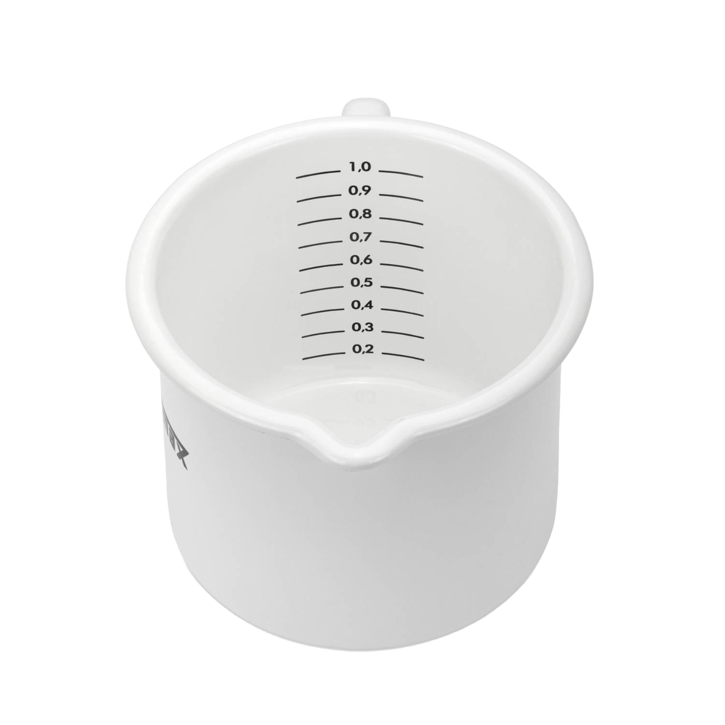White enameled steel milk pot with clear volume measurements and a pour spout, handcrafted for reliable use in Farm, Garden & Tool, Kitchen & Food, Camping, Cookware, and Best Sellers collections.