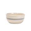 Handcrafted stoneware bowl with natural finish and double blue stripes, durable and made in the USA, perfect for kitchen, dinnerware, and holiday hosting collections.