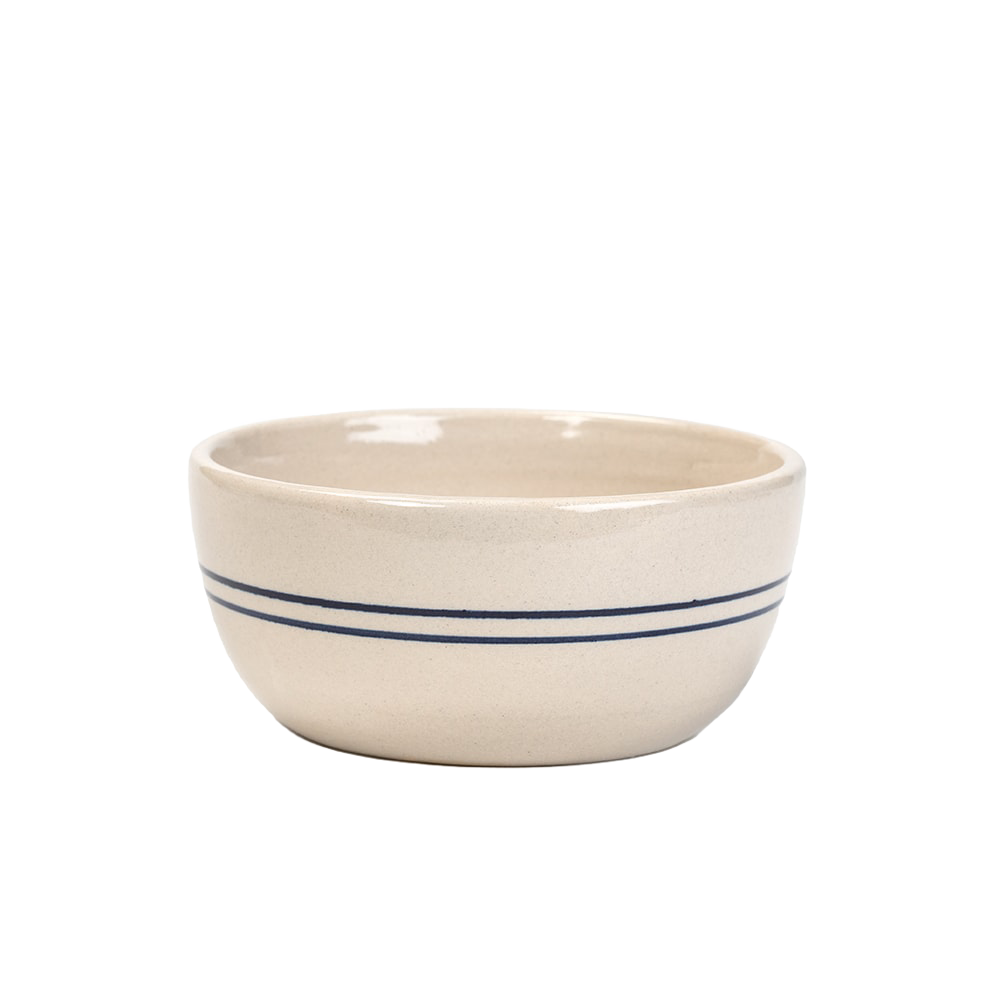Handcrafted stoneware bowl with natural finish and double blue stripes, durable and made in the USA, perfect for kitchen, dinnerware, and holiday hosting collections.