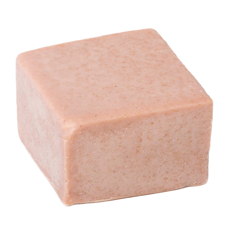Square bar of handcrafted natural almond and oatmeal shaving soap, soothing and hypoallergenic, made in USA, ideal for Health & Wellness and Grooming collections.