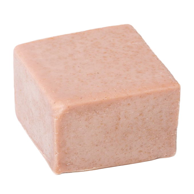 Square bar of handcrafted natural almond and oatmeal shaving soap, soothing and hypoallergenic, made in USA, ideal for Health & Wellness and Grooming collections.