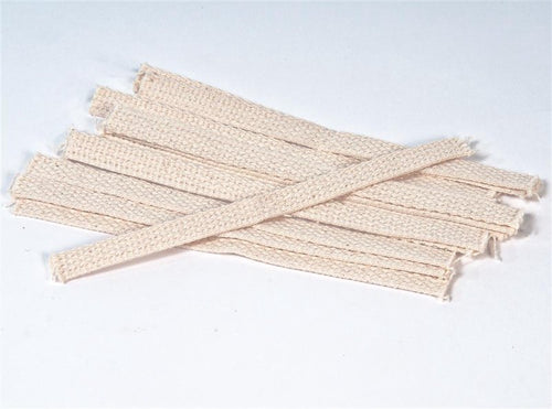 Braided cotton flat wicks in a light natural color, handcrafted in the USA for olive oil lamps, ideal for parts and accessories collections and best sellers.