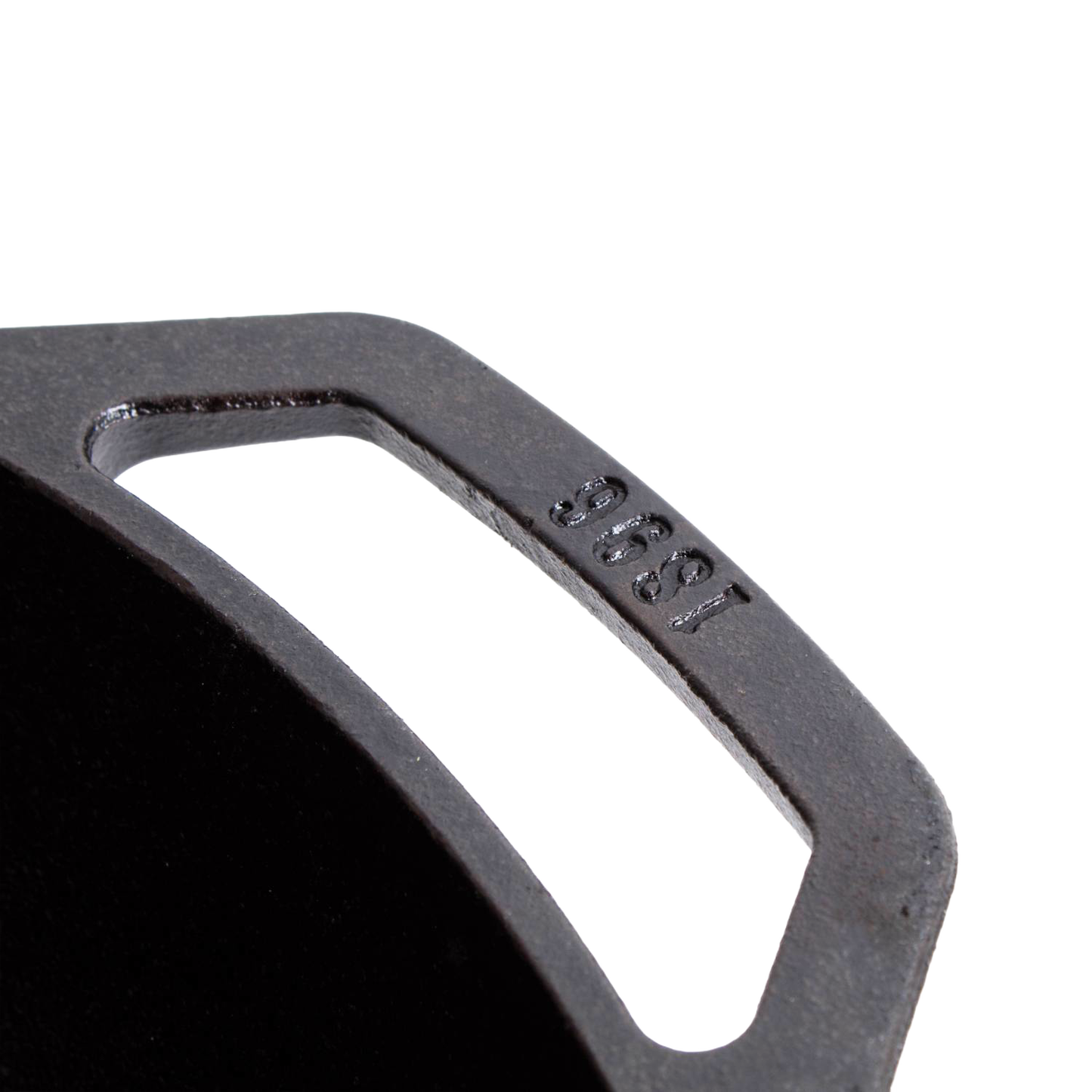 Close-up of a sturdy cast iron cookware handle featuring a vintage style and embossed year, showcasing durable construction ideal for Kitchen & Food and Cast Iron collections.