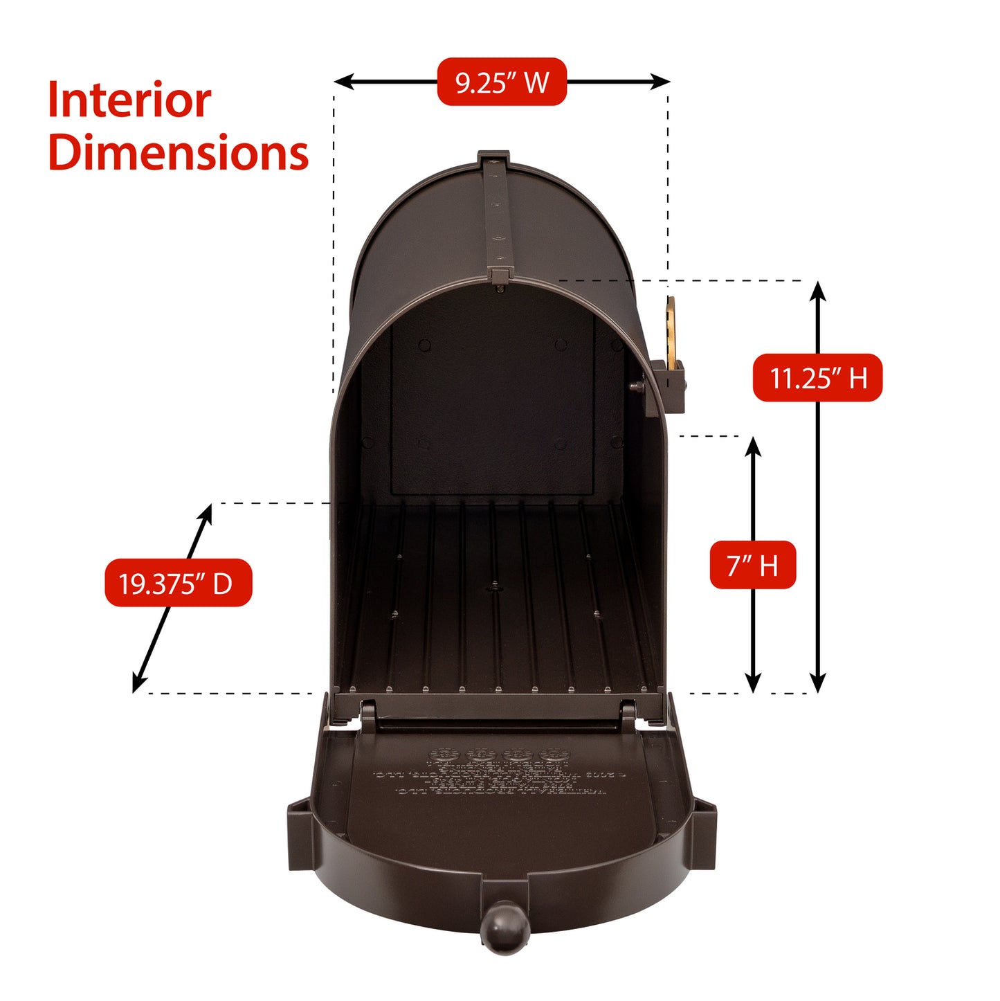 Open whitehall custom capitol mailbox in bronze/gold showing interior dimensions 9.25 inches wide, 19.375 inches deep, and 11.25 inches high, handcrafted, made in USA, ideal for Home & Decor and Mailboxes and Address Signs collections.