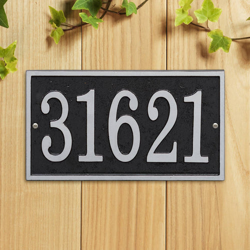Black and silver rectangular custom address plaque with bold silver numbers, handcrafted in the USA, featured in Home & Decor, Household Helpers, Mailboxes and Address Signs, USA Made, and Best Sellers collections.