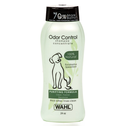 Light green bottle of natural odor control dog shampoo concentrate featuring eucalyptus and spearmint scent, designed for gentle cleansing and deodorizing, USA made, featured in Grooming and Personal Hygiene, Pet Supplies, USA Made, Best Sellers, and Promo Eligible collections.