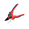 Large bypass pruning shears with ergonomic red and blue handles and sharp blades designed for precise cuts on green stems, suited for Farm, Garden & Tool and Lawncare collections.