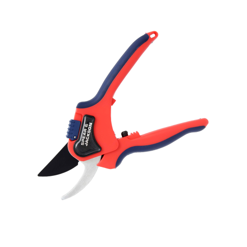 Large bypass pruning shears with ergonomic red and blue handles and sharp blades designed for precise cuts on green stems, suited for Farm, Garden & Tool and Lawncare collections.