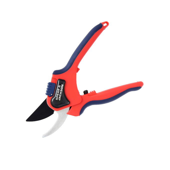 Large bypass pruning shears with ergonomic red and blue handles and sharp blades designed for precise cuts on green stems, suited for Farm, Garden & Tool and Lawncare collections.