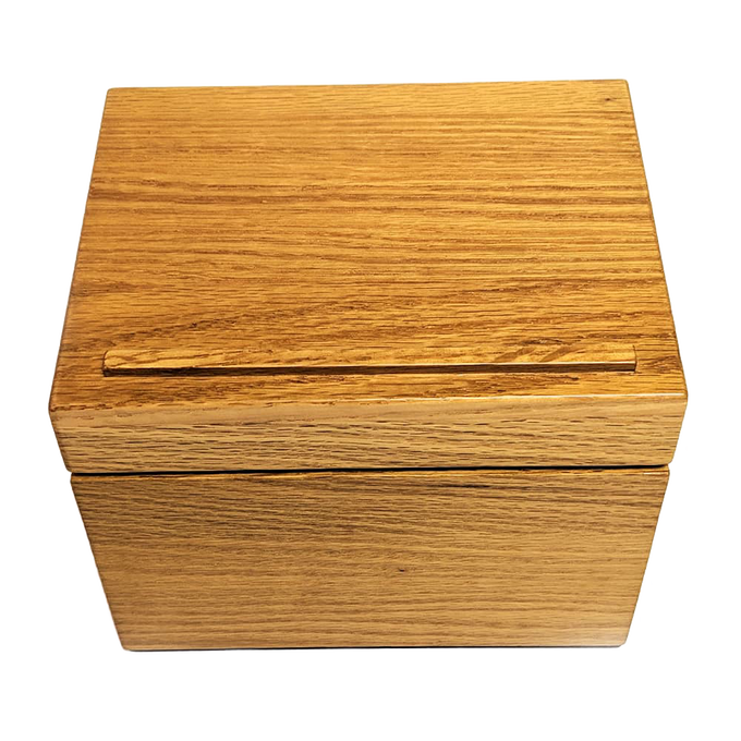 Handcrafted solid oak recipe box with a smooth protective finish and recessed hinges, made in USA, ideal for Kitchen & Food, Cookware, Baking Supplies, Holiday Hosting, Storage and Serving, and Best Sellers collections.