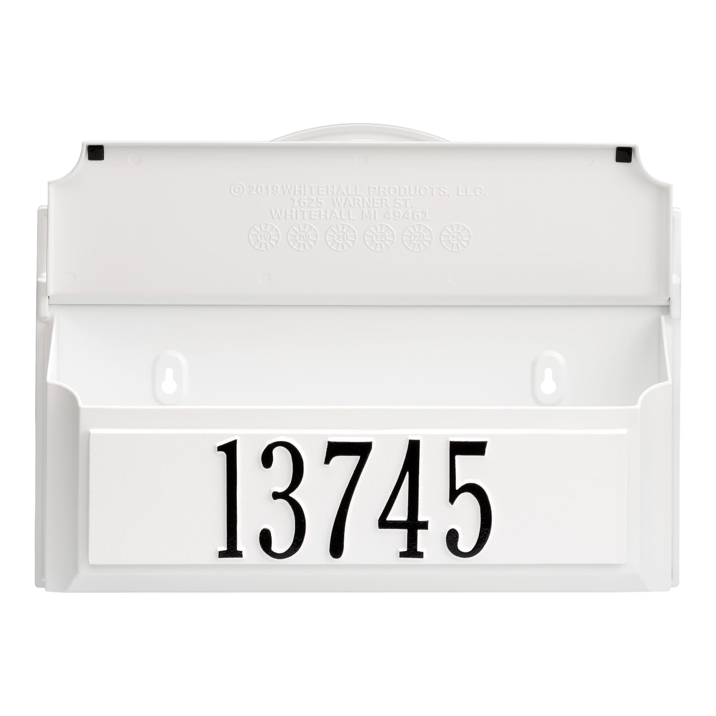 White handcrafted custom wall mount mailbox in white and black featuring a bold house number, designed for curb appeal in Home & Decor, Mailboxes, and USA Made collections.