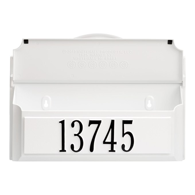 White handcrafted custom wall mount mailbox in white and black featuring a bold house number, designed for curb appeal in Home & Decor, Mailboxes, and USA Made collections.