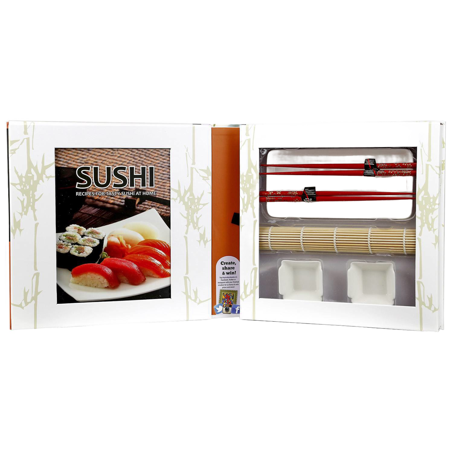 Unique sushi making kit featuring a recipe book, bamboo rolling mat, serving plate, chopsticks, and sauce dishes, designed for Kitchen & Food and Cookbooks collections.