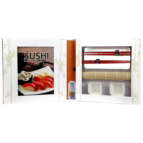 Unique sushi making kit featuring a recipe book, bamboo rolling mat, serving plate, chopsticks, and sauce dishes, designed for Kitchen & Food and Cookbooks collections.