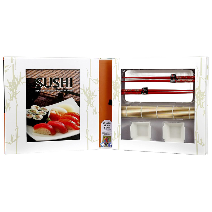 Unique sushi making kit featuring a recipe book, bamboo rolling mat, serving plate, chopsticks, and sauce dishes, designed for Kitchen & Food and Cookbooks collections.