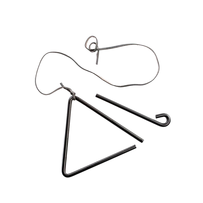 Steel triangle dinner bell with striker and black leather hanging strap, handcrafted for home and decor use, featured in best sellers and promo eligible collections.