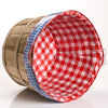 Reusable red and white checkered liner with blue gingham trim, designed to fit inside bushel baskets, protecting them from stains and wear, ideal for Home & Decor and Laundry Supplies collections.