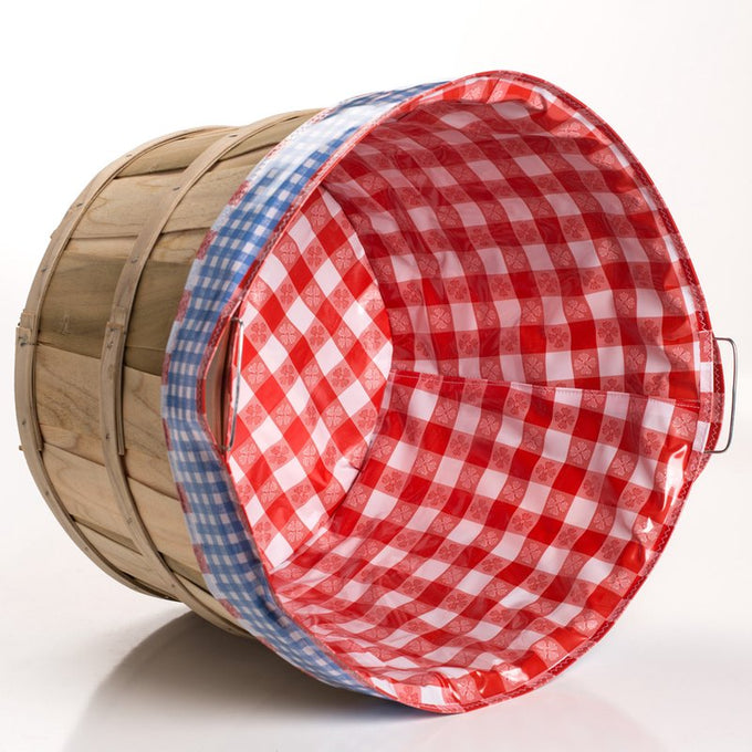 Reusable red and white checkered liner with blue gingham trim, designed to fit inside bushel baskets, protecting them from stains and wear, ideal for Home & Decor and Laundry Supplies collections.