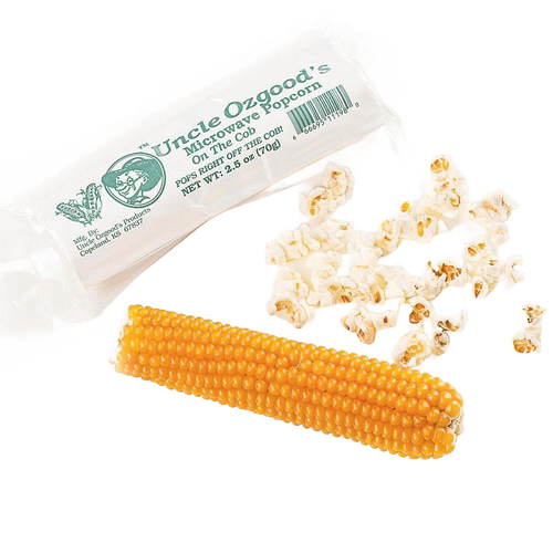 Uncle Ozo’s On the Cob microwave popcorn showing a whole yellow corn cob beside popped popcorn and clear packaging, featured in Kitchen & Food, Snacks and Sweets, Popcorn, USA Made, and Best Sellers collections.