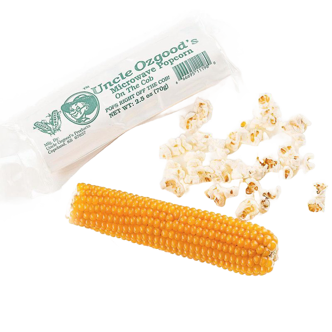 Uncle Ozo’s On the Cob microwave popcorn showing a whole yellow corn cob beside popped popcorn and clear packaging, featured in Kitchen & Food, Snacks and Sweets, Popcorn, USA Made, and Best Sellers collections.