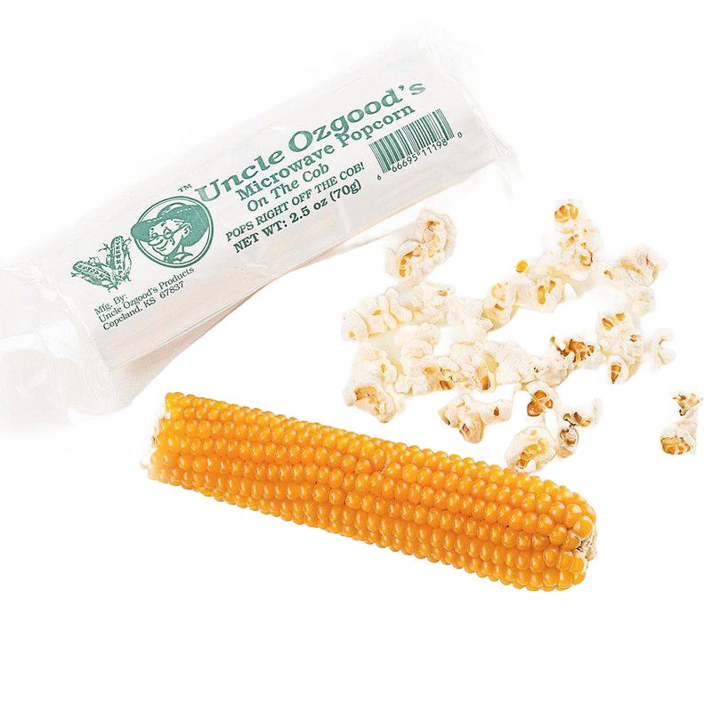 Uncle Ozo’s On the Cob microwave popcorn showing a whole yellow corn cob beside popped popcorn and clear packaging, featured in Kitchen & Food, Snacks and Sweets, Popcorn, USA Made, and Best Sellers collections.