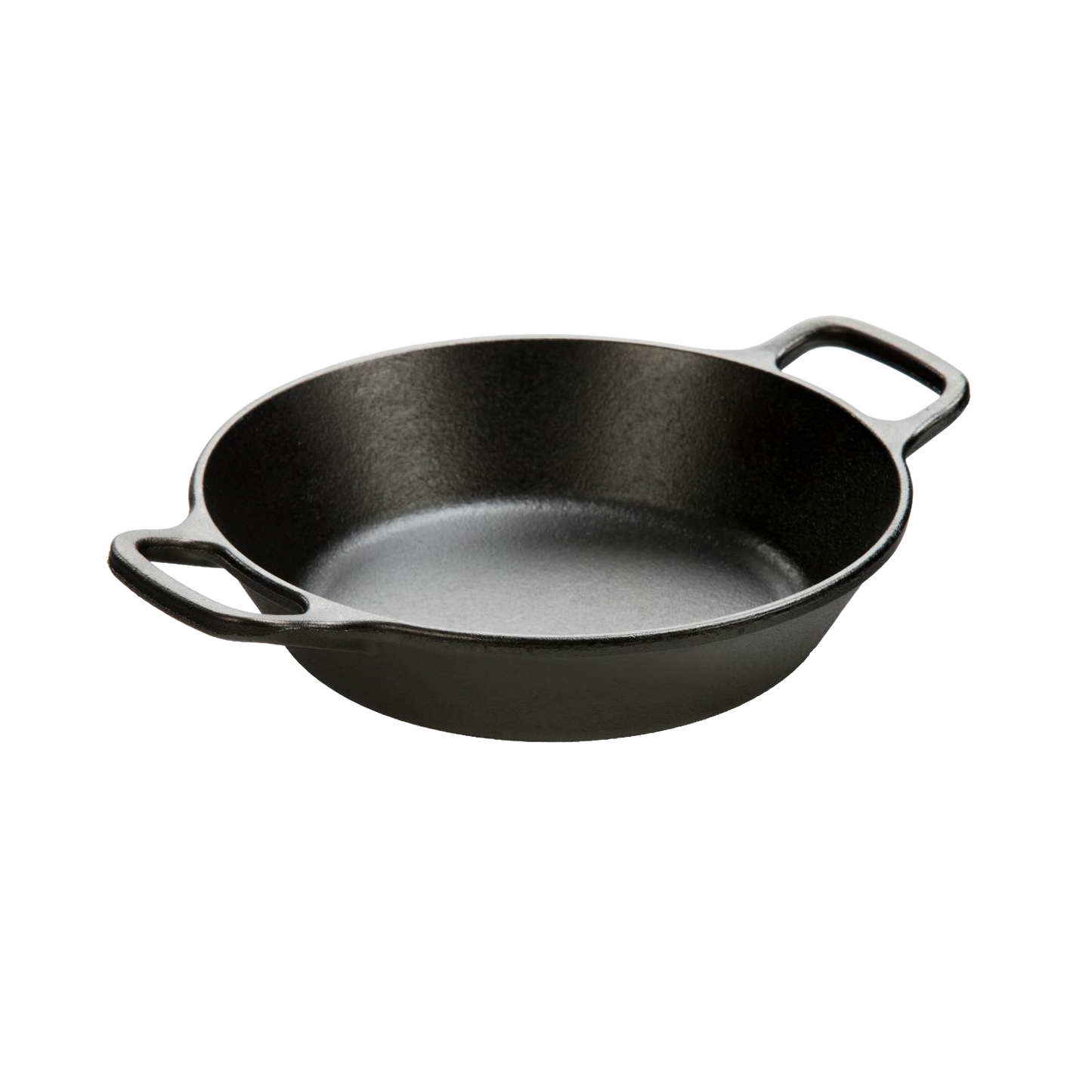 Round black cast iron pan with short side handles, handcrafted for durability, suitable for Kitchen & Food, Cookware, Cast Iron, Best Sellers, and Promo Eligible collections.