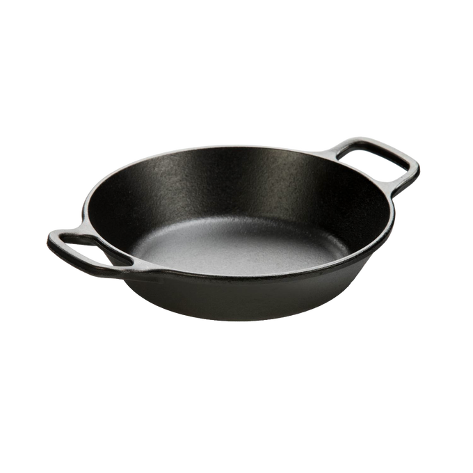 Round black cast iron pan with short side handles, handcrafted for durability, suitable for Kitchen & Food, Cookware, Cast Iron, Best Sellers, and Promo Eligible collections.