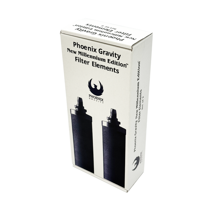 Box package featuring two black synthetic filter elements for gravity water systems, suited for Appliances, Water Heating and Treatment, Berkey Water Filters, Best Sellers, and Promo Eligible collections.