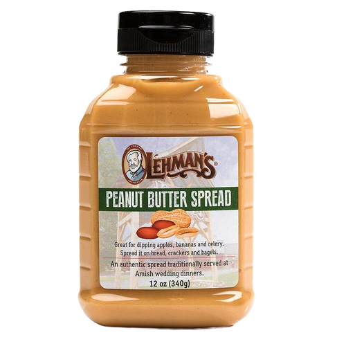 Clear jar of smooth creamy peanut butter spread with black lid, featuring an Amish made specialty label, part of Kitchen & Food, Peanut Butter & Jellies, and USA Made collections.