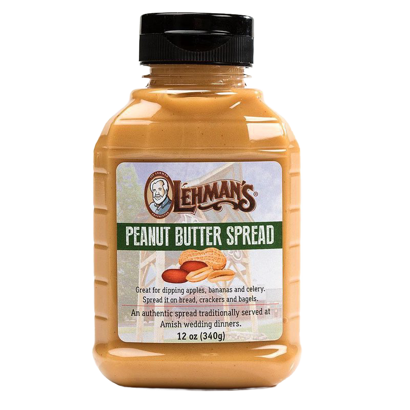Clear jar of smooth creamy peanut butter spread with black lid, featuring an Amish made specialty label, part of Kitchen & Food, Peanut Butter & Jellies, and USA Made collections.