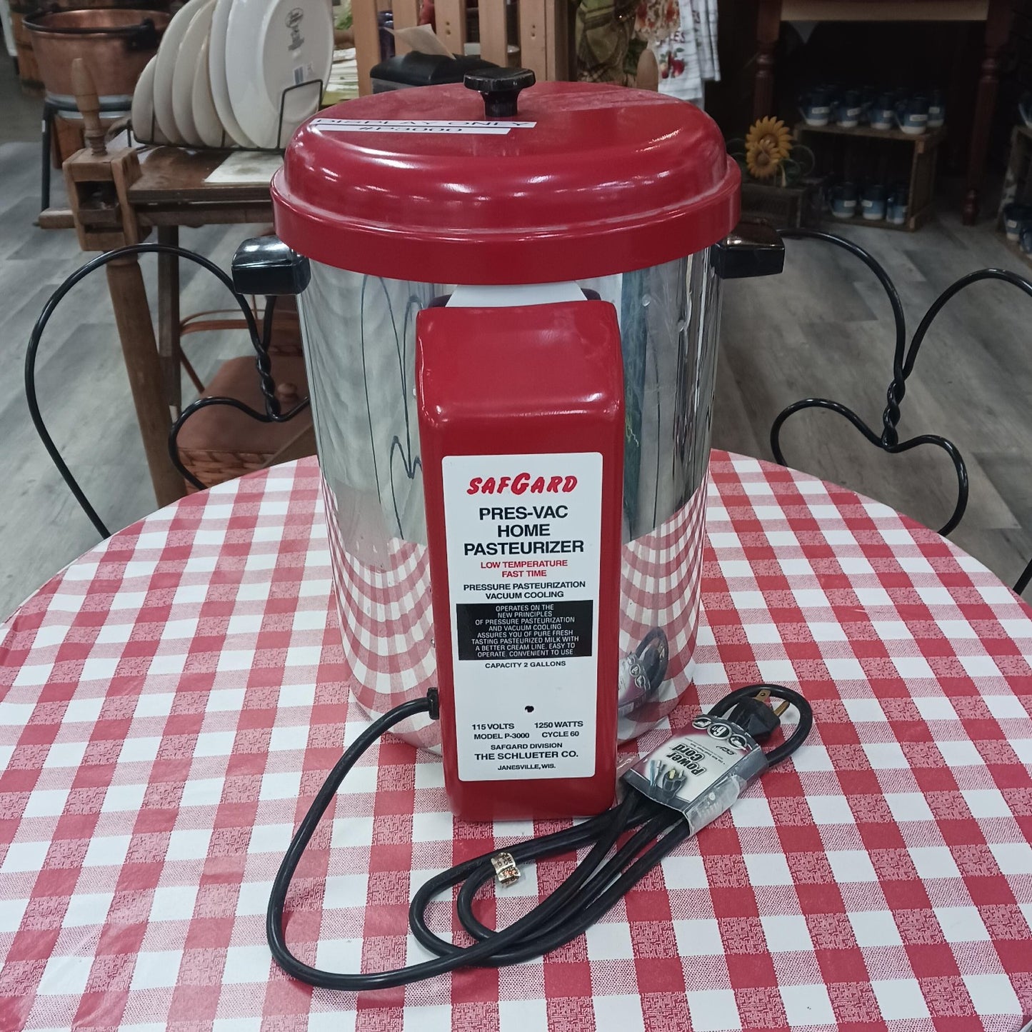 Stainless steel home milk pasteurizer with red top and front panel, designed for safe low-temperature pasteurization, featured in Farm, Garden & Tool and Animal Care collections.