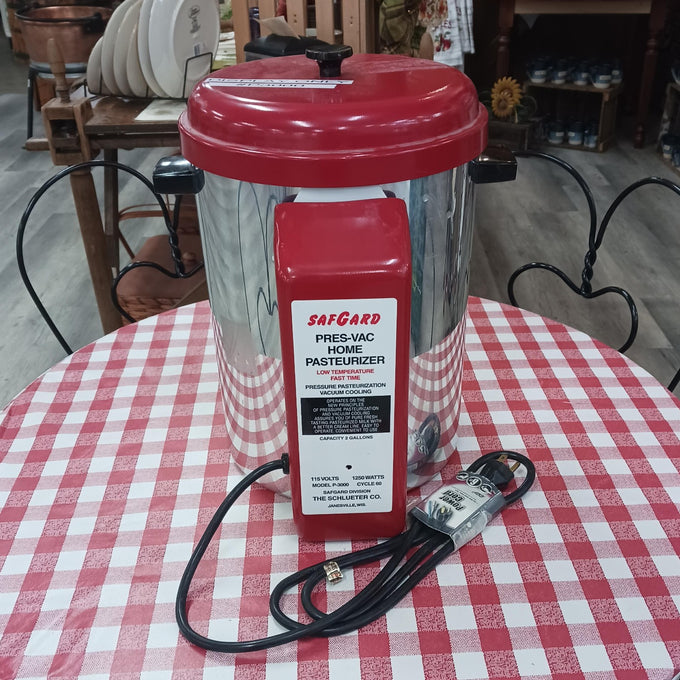 Stainless steel home milk pasteurizer with red top and front panel, designed for safe low-temperature pasteurization, featured in Farm, Garden & Tool and Animal Care collections.