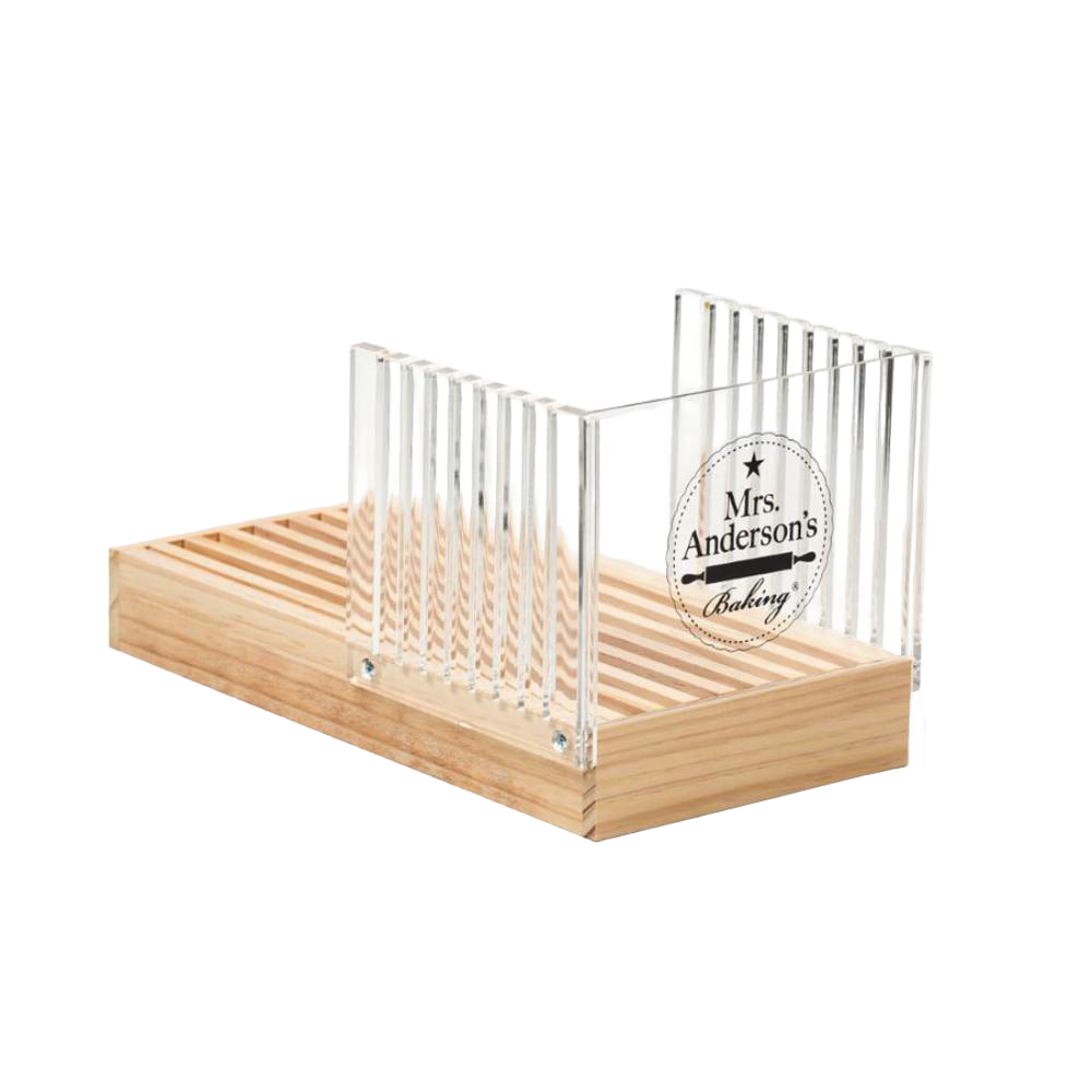 Wooden bread slicing guide with clear acrylic panels for even slices, featuring removable crumb tray, designed for consistent bread cutting in Kitchen & Food and Bread Making Supplies collections.