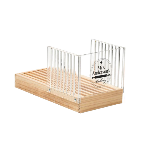 Wooden bread slicing guide with clear acrylic panels for even slices, featuring removable crumb tray, designed for consistent bread cutting in Kitchen & Food and Bread Making Supplies collections.