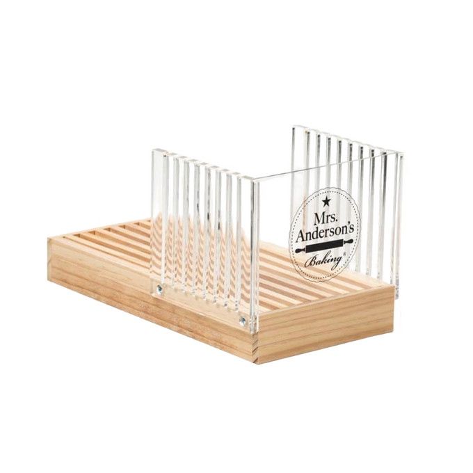 Wooden bread slicing guide with clear acrylic panels for even slices, featuring removable crumb tray, designed for consistent bread cutting in Kitchen & Food and Bread Making Supplies collections.