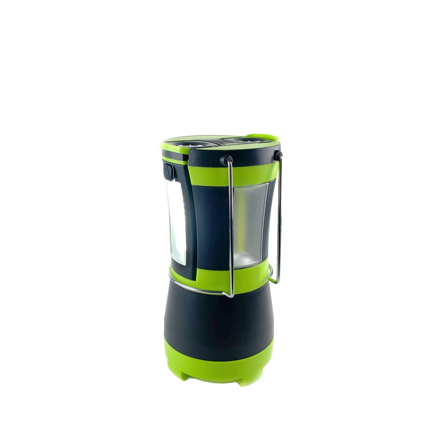 Compact black and green LED lantern with a metal hanging handle, designed for camping, emergency supplies, battery-powered lighting, and outdoor use in best sellers and promo collections.
