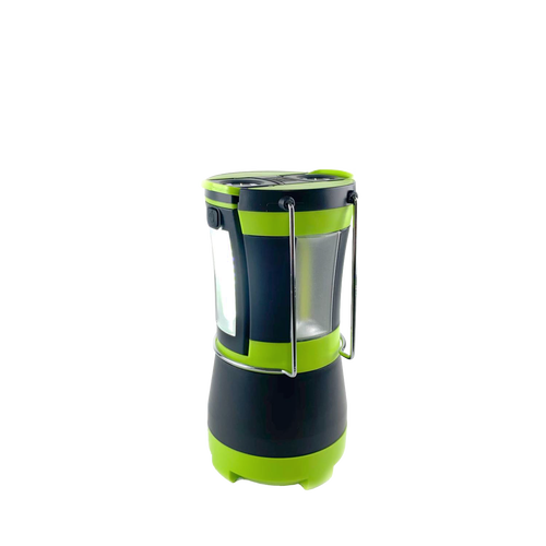 Compact black and green LED lantern with a metal hanging handle, designed for camping, emergency supplies, battery-powered lighting, and outdoor use in best sellers and promo collections.