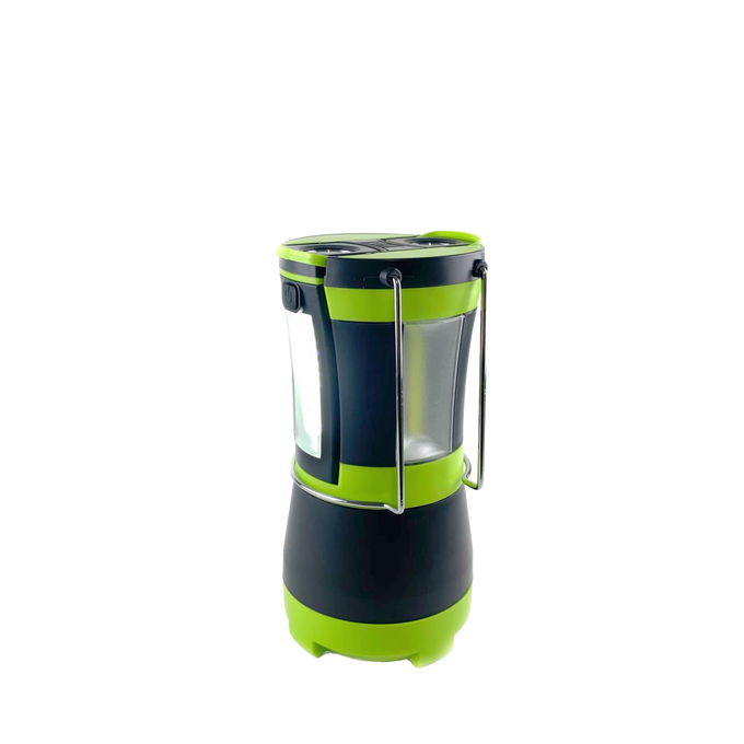 Compact black and green LED lantern with a metal hanging handle, designed for camping, emergency supplies, battery-powered lighting, and outdoor use in best sellers and promo collections.