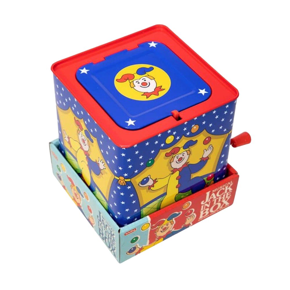 Brightly painted handcrafted musical jack-in-the-box featuring a colorful joker illustration on a tin box with a red crank, perfect for Toys, Children's Toys, Indoor Play, and Best Sellers collections.