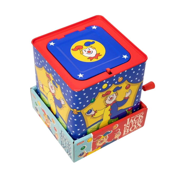 Brightly painted handcrafted musical jack-in-the-box featuring a colorful joker illustration on a tin box with a red crank, perfect for Toys, Children's Toys, Indoor Play, and Best Sellers collections.