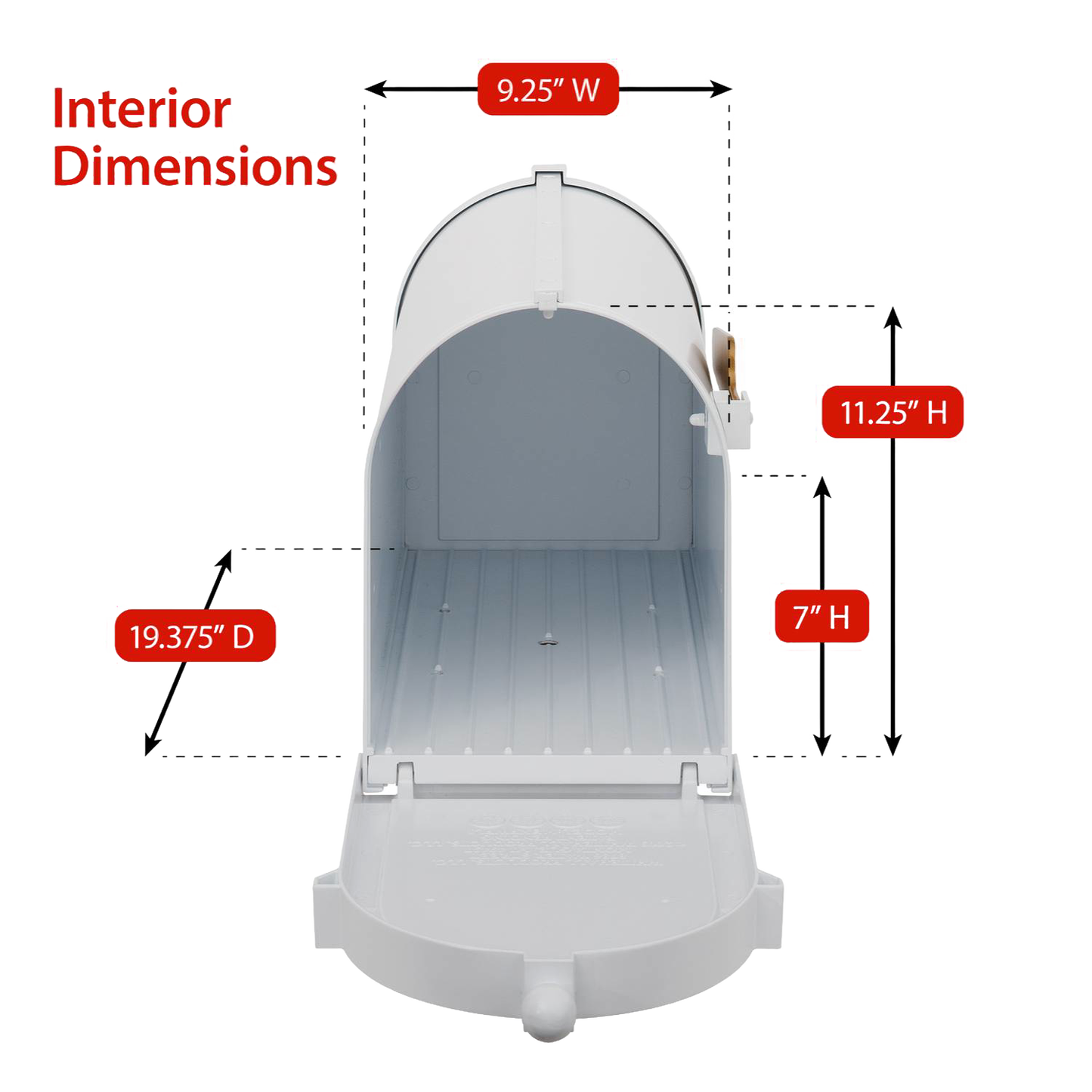 Open white and gold mailbox showing interior dimensions with measurements marked for width, height, and depth, crafted in USA for Home & Decor and Mailboxes collections.