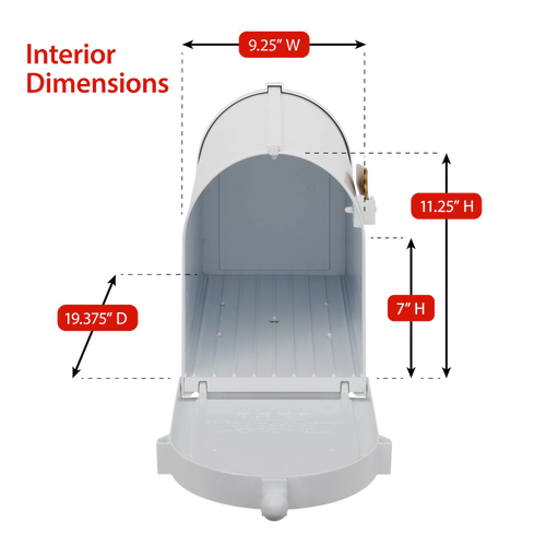 Open white and gold mailbox showing interior dimensions with measurements marked for width, height, and depth, crafted in USA for Home & Decor and Mailboxes collections.