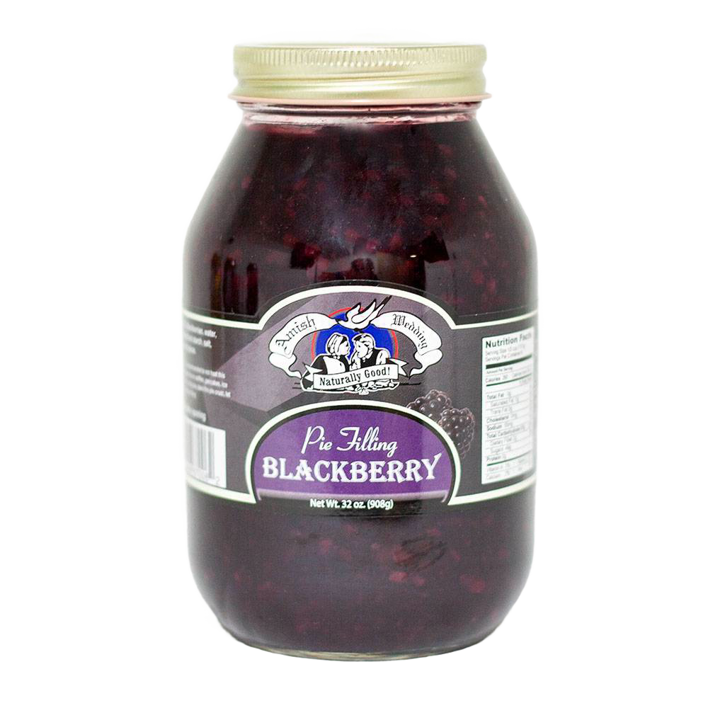 Handcrafted Amish-made blackberry pie filling in a clear glass jar with metal lid, naturally prepared without corn syrup or artificial coloring, part of USA Made pantry and kitchen collections.