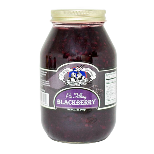 Handcrafted Amish-made blackberry pie filling in a clear glass jar with metal lid, naturally prepared without corn syrup or artificial coloring, part of USA Made pantry and kitchen collections.