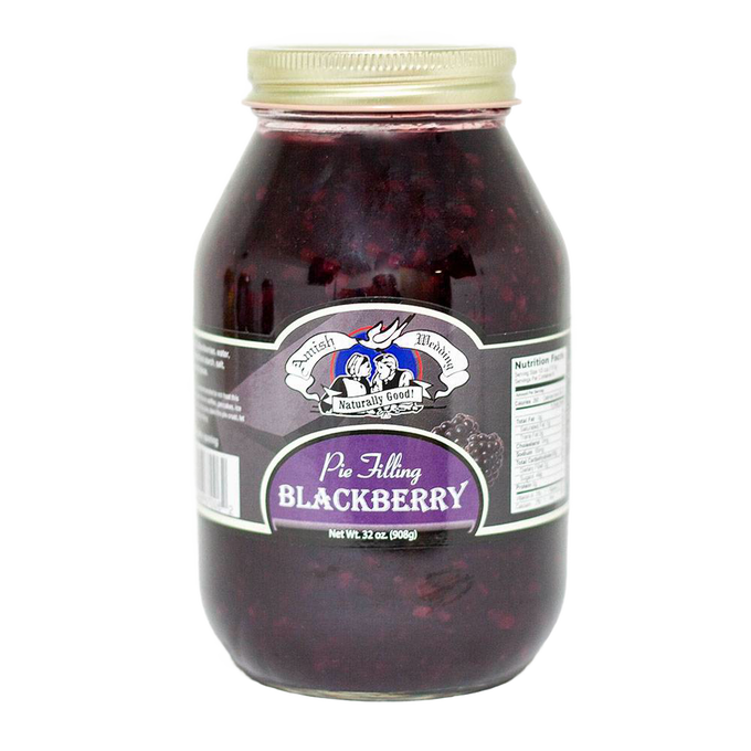 Handcrafted Amish-made blackberry pie filling in a clear glass jar with metal lid, naturally prepared without corn syrup or artificial coloring, part of USA Made pantry and kitchen collections.