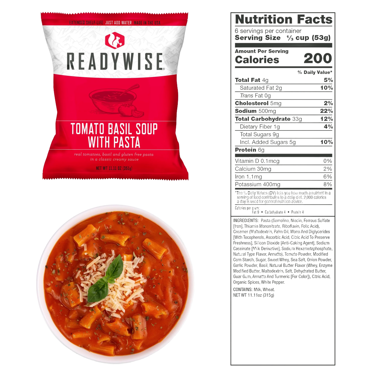Single-serving packet of tomato basil soup with pasta featuring gluten-free noodles, displayed with a bowl of soup garnished with basil and shredded cheese, alongside nutrition facts, included in Kitchen & Food, Emergency Supplies, Pantry, and USA Made collections.