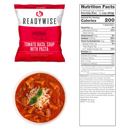 Single-serving packet of tomato basil soup with pasta featuring gluten-free noodles, displayed with a bowl of soup garnished with basil and shredded cheese, alongside nutrition facts, included in Kitchen & Food, Emergency Supplies, Pantry, and USA Made collections.