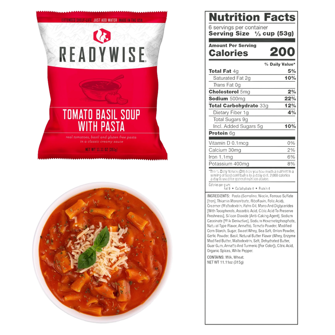 Single-serving packet of tomato basil soup with pasta featuring gluten-free noodles, displayed with a bowl of soup garnished with basil and shredded cheese, alongside nutrition facts, included in Kitchen & Food, Emergency Supplies, Pantry, and USA Made collections.