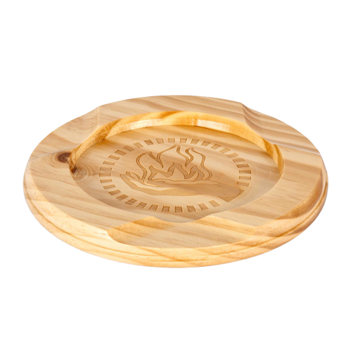 Round handcrafted wooden lid with a carved flame design in the center, made as a unique accessory for the Feuerhand Tamber Tabletop Charcoal Grill, featured in Farm, Garden & Tool and Stoves collections.